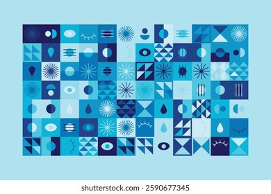 Bauhaus-inspired abstract design features geometric shapes, eye motifs, and linear patterns in blue tones. The structured grid composition creates rhythm, order, and artistic dynamism.