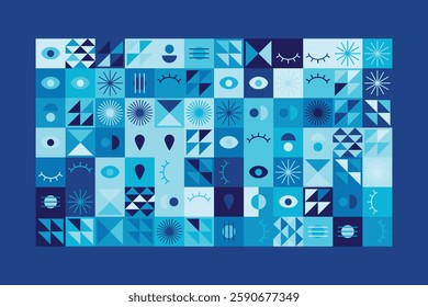 Bauhaus-inspired abstract design features geometric shapes, eye motifs, and linear patterns in blue tones. The structured grid composition creates rhythm, order, and artistic dynamism.