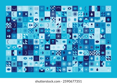 Bauhaus-inspired abstract design features geometric shapes, eye motifs, and linear patterns in blue tones. The structured grid composition creates rhythm, order, and artistic dynamism.