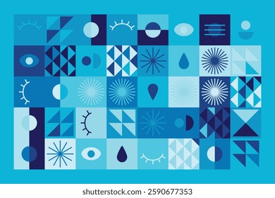 Bauhaus-inspired abstract design features geometric shapes, eye motifs, and linear patterns in blue tones. The structured grid composition creates rhythm, order, and artistic dynamism.