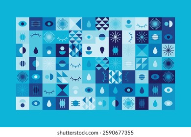 Bauhaus-inspired abstract design features geometric shapes, eye motifs, and linear patterns in blue tones. The structured grid composition creates rhythm, order, and artistic dynamism.