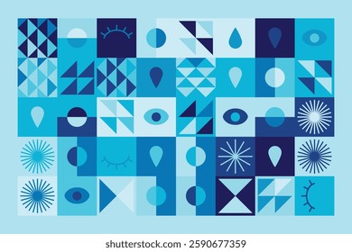 Bauhaus-inspired abstract design features geometric shapes, eye motifs, and linear patterns in blue tones. The structured grid composition creates rhythm, order, and artistic dynamism.