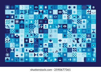 Bauhaus-inspired abstract design features geometric shapes, eye motifs, and linear patterns in blue tones. The structured grid composition creates rhythm, order, and artistic dynamism.