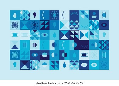 Bauhaus-inspired abstract design features geometric shapes, eye motifs, and linear patterns in blue tones. The structured grid composition creates rhythm, order, and artistic dynamism.