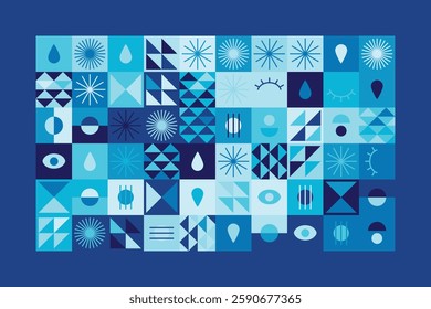 Bauhaus-inspired abstract design features geometric shapes, eye motifs, and linear patterns in blue tones. The structured grid composition creates rhythm, order, and artistic dynamism.