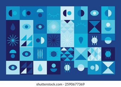 Bauhaus-inspired abstract design features geometric shapes, eye motifs, and linear patterns in blue tones. The structured grid composition creates rhythm, order, and artistic dynamism.