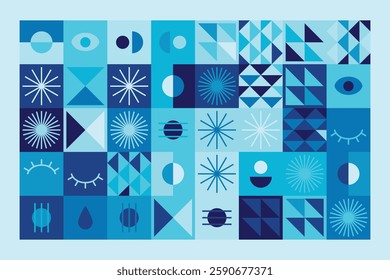 Bauhaus-inspired abstract design features geometric shapes, eye motifs, and linear patterns in blue tones. The structured grid composition creates rhythm, order, and artistic dynamism.