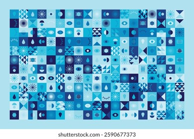 Bauhaus-inspired abstract design features geometric shapes, eye motifs, and linear patterns in blue tones. The structured grid composition creates rhythm, order, and artistic dynamism.