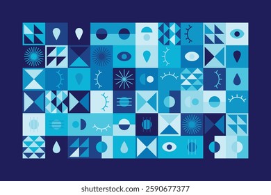 Bauhaus-inspired abstract design features geometric shapes, eye motifs, and linear patterns in blue tones. The structured grid composition creates rhythm, order, and artistic dynamism.