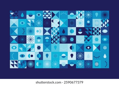 Bauhaus-inspired abstract design features geometric shapes, eye motifs, and linear patterns in blue tones. The structured grid composition creates rhythm, order, and artistic dynamism.