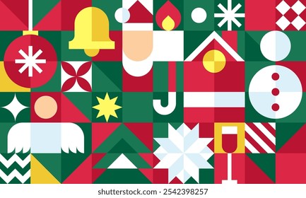 Bauhaus-Inspired Christmas and Fruit Pattern with Geometric Shapes in Red, Green, and Yellow