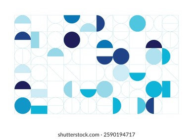 A Bauhaus-inspired design with circles, half-circles, and lines in blue shades. The grid adds order, while curves create dynamic contrast.