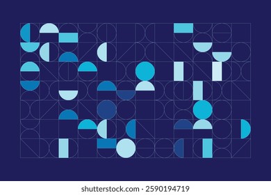 A Bauhaus-inspired design with circles, half-circles, and lines in blue shades. The grid adds order, while curves create dynamic contrast.