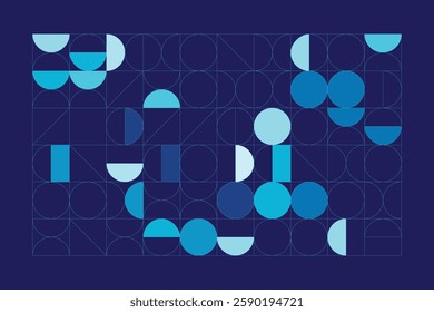 A Bauhaus-inspired design with circles, half-circles, and lines in blue shades. The grid adds order, while curves create dynamic contrast.