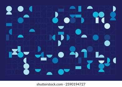 A Bauhaus-inspired design with circles, half-circles, and lines in blue shades. The grid adds order, while curves create dynamic contrast.