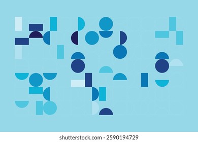 A Bauhaus-inspired design with circles, half-circles, and lines in blue shades. The grid adds order, while curves create dynamic contrast.