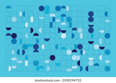A Bauhaus-inspired design with circles, half-circles, and lines in blue shades. The grid adds order, while curves create dynamic contrast.