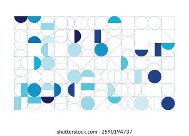 A Bauhaus-inspired design with circles, half-circles, and lines in blue shades. The grid adds order, while curves create dynamic contrast.