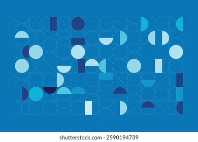 A Bauhaus-inspired design with circles, half-circles, and lines in blue shades. The grid adds order, while curves create dynamic contrast.