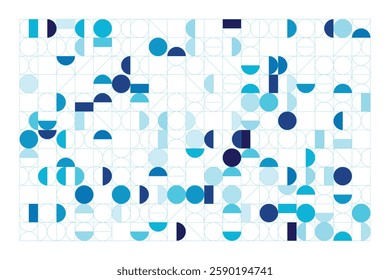 A Bauhaus-inspired design with circles, half-circles, and lines in blue shades. The grid adds order, while curves create dynamic contrast.