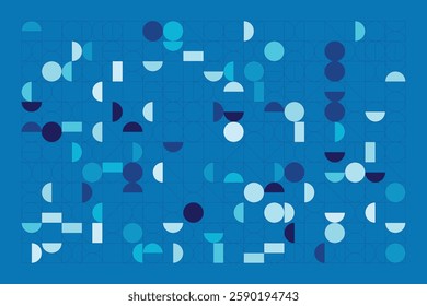 A Bauhaus-inspired design with circles, half-circles, and lines in blue shades. The grid adds order, while curves create dynamic contrast.
