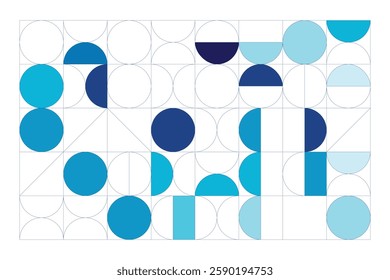 A Bauhaus-inspired design with circles, half-circles, and lines in blue shades. The grid adds order, while curves create dynamic contrast.