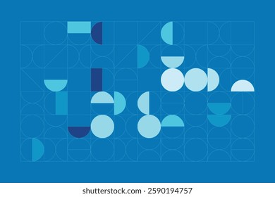 A Bauhaus-inspired design with circles, half-circles, and lines in blue shades. The grid adds order, while curves create dynamic contrast.