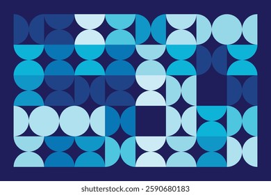 A Bauhaus-inspired geometric composition featuring interlocking semi-circles and curved shapes in blue tones. The structured grid contrasts with fluid forms, creating a balanced, modern aesthetic.