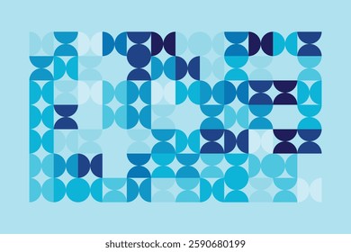 A Bauhaus-inspired geometric composition featuring interlocking semi-circles and curved shapes in blue tones. The structured grid contrasts with fluid forms, creating a balanced, modern aesthetic.