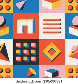 Bauhaus-inspired Seamless Pattern Featuring Volumetric Figures In A Dynamic Composition. Geometric Shapes