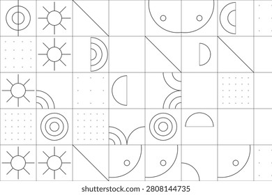 Bauhaus-inspired sun moon phase geometric symbol grid patterns crescent