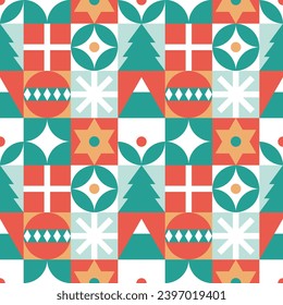 Weihnachtsmuster im Bauhaus-Stil - trendige Mosaikstruktur. Geometrisches nahtloses Muster mit Winterelementen. Weihnachtsdekoration im skandinavischen Stil. Neujahrsstruktur.