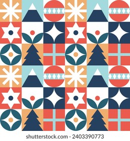 Bauhaus-Style Christmas pattern - trendy colored mosaic texture. Geometric seamless pattern with winter elements. Christmas decoration in Scandinavian style. New year texture.