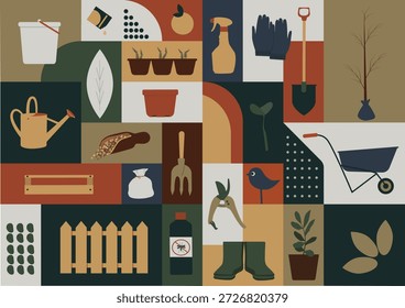 Bauhaus-style pattern on the theme of farming, sowing, vegetable growing and agriculture.