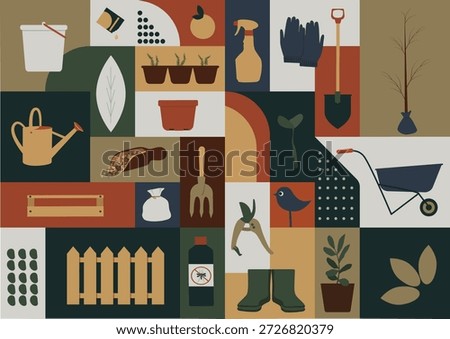 Bauhaus-style pattern on the theme of farming, sowing, vegetable growing and agriculture.