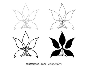 Bauhinia flower isolated on white background. Thin line, thick line and flat icon style. National Hong Kong flower stylized icon for logo, emblem, business card or other use. Vector illustration. Set.