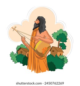 Baul singer in West Bengal, Bangladesh, India, artist playing Ektara folk music - illustration,  Bangla Noboborsho, Ektara with Baul, Folk Instruments, Bengoli Happy New Year, Boishak.