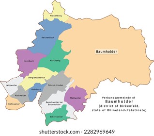 Baumholder Verbandsgemeinde Landkarte des Bundeslandes Rheinland-Pfalz in Birkenfeld. Vektorgrafik. Schamfelsfarben, Beton, Poloblau, Drover, Orchideen, Silber, Karamelll