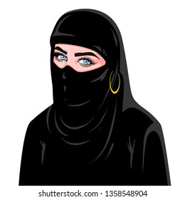 Bautiful and cute arabic woman, vector illustration isolated on white abckground, beautiful big blue eyes