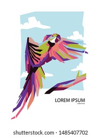 Bauty colorful in bird and flying parrot to the branch with sky background and cloud illustration cartoon vector stock