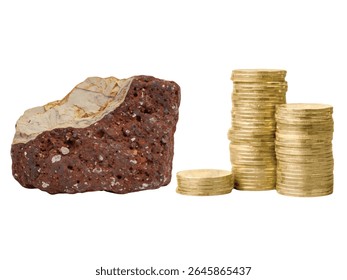 Rocha de bauxita ao lado da pilha de moedas para comparação de tamanho e textura - Mineral natural de minério isolado no fundo branco