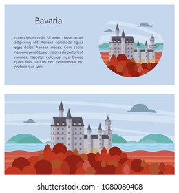 Bavaria, Germany. Beautiful landscapes, traditional architecture of Bavaria. Castles, villages, mountains, fields. Postcards, logos, emblems with space for text.