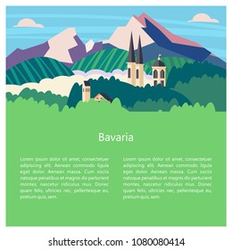 Bavaria, Germany. Beautiful landscapes, traditional architecture of Bavaria. Castles, villages, mountains, fields. Postcards, logos, emblems with space for text.