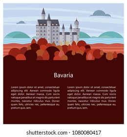 Bavaria, Germany. Beautiful landscapes, traditional architecture of Bavaria. Castles, villages, mountains, fields. Postcards, logos, emblems with space for text.