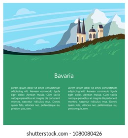 Bavaria, Germany. Beautiful landscapes, traditional architecture of Bavaria. Castles, villages, mountains, fields. Postcards, logos, emblems with space for text.