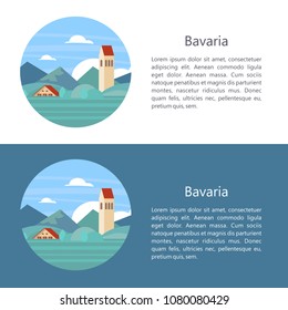 Bavaria, Germany. Beautiful landscapes, traditional architecture of Bavaria. Castles, villages, mountains, fields. Postcards, logos, emblems with space for text.