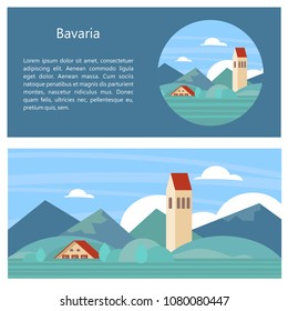 Bavaria, Germany. Beautiful landscapes, traditional architecture of Bavaria. Castles, villages, mountains, fields. Postcards, logos, emblems with space for text.