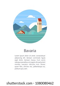 Bavaria, Germany. Beautiful landscapes, traditional architecture of Bavaria. Castles, villages, mountains, fields. Postcards, logos, emblems with space for text.