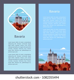 Bavaria, Germany. Beautiful landscapes, traditional architecture of Bavaria. Castles, villages, cities, mountains, fields. Postcards, logos, emblems with space for text.