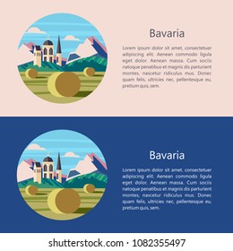 Bavaria, Germany. Beautiful landscapes, traditional architecture of Bavaria. Castles, villages, cities, mountains, fields. Postcards, logos, emblems with space for text.